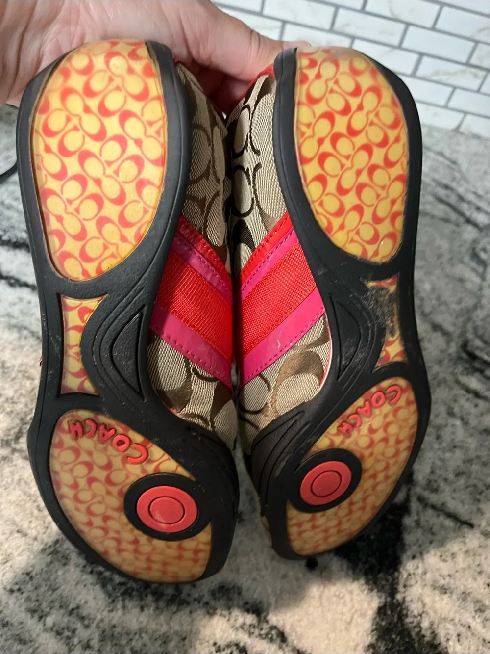Coach Brown Signature Sneakers with Pink & Red Accents 7 M